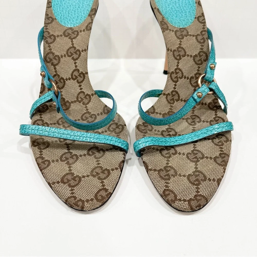 Gucci GG Logo Monogram Turquoise Strappy Heels - Picture 5 of 7